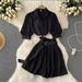 Women's Clothing Girl Sexy Suit Female Lapel Bubble Short Sleeve Shirt Pleated A Line Skirt Two Piece Suit Trendy_ecoleips.com