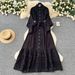 Women's Clothing Vintage French-Style Lace Trim Dress – Corset Tie Waist, Lantern Sleeves, Elegant Midi Dress (Brown/Black/White, One Size Fits Most)_ecoleips.com
