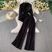 Sun Protection Two-Piece Set – Oversized Button-Down Shirt With Drawstring Waist & High-Waisted Wide-Leg Pants_ecoleips.com