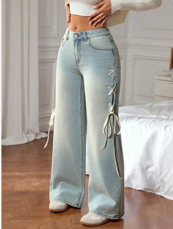 Women's Clothing Women's Peacock Blue Wide Leg Jeans - High Waist Relaxed Fit With Side Ribbon Detail_ecoleips.com