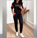 Women's Sporty Color Block Letter Print Top with High Waisted Trousers Casual Set Spring/Summer Short Sleeved Pant Outfit_ecoleips.com