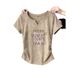 Women's V-Neck Slim-Fit Cotton T-Shirt – Tailored Waist, Minimalist Letter Print, Summer Essential In Neutral Tones_ecoleips.com