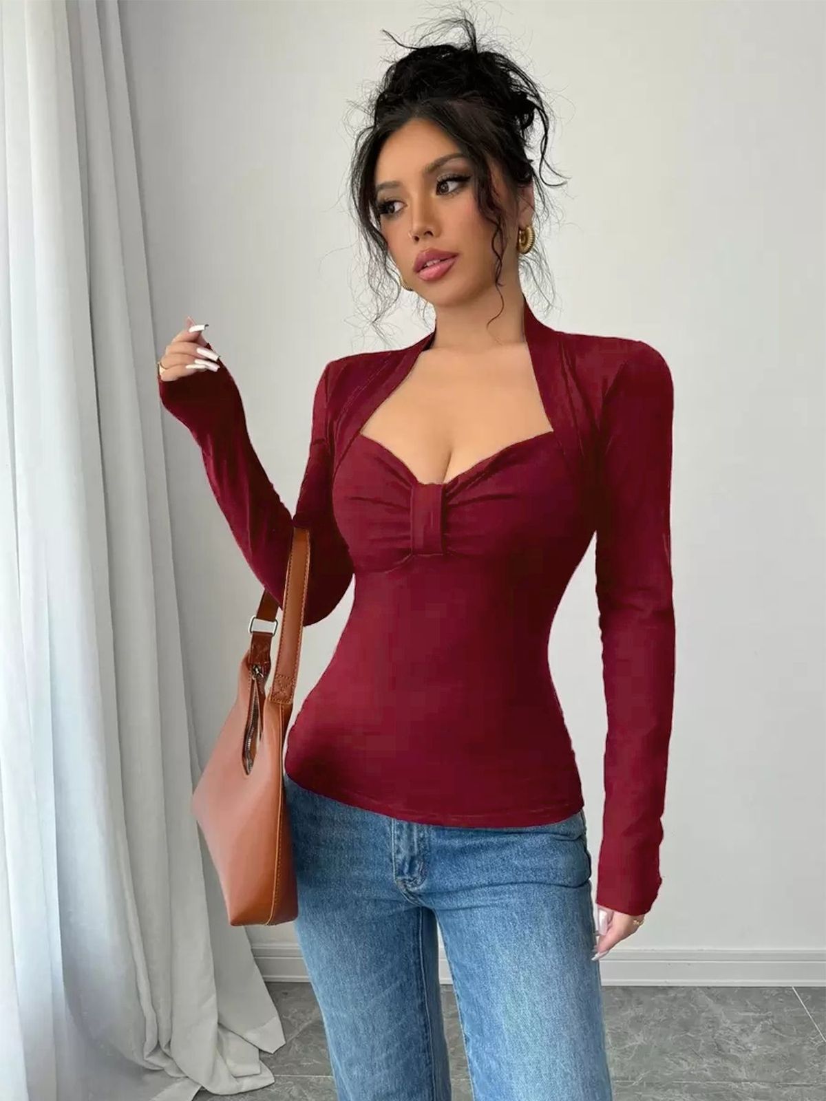 Women's Slim-Fit Long Sleeve Turtleneck Top - Sexy Bodycon Blouse For Fall & Winter, Stretchy Office & Casual Wear_ecoleips.com