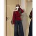 girl Red Off-Shoulder Long Sleeve Knitted Loose Sweater Top For Women, Autumn And Winter 2025 New Christmas Outfit_ecoleips.com
