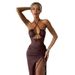 European And American INS Style Spring New Sexy Hot Girl High Slit Ruched Halter Neck Elegant Chest-Enhancing Long Dress_ecoleips.com