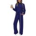 Women's Split Hem Long Sleeve Lounge Set – Stretchy Round Neck Pullover & Joggers (Black, Beige, Khaki, Dark Gray, Navy, Army Green)_ecoleips.com