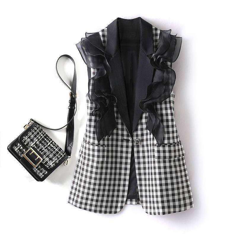 Women's Clothing Plaid Suit Vest For Women Spring Contrasting Color Collar Temperament Leisure Loose Sleeveless Vest Splicing Ruffles_ecoleips.com