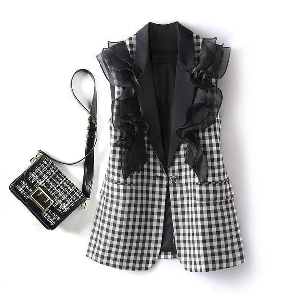 Women's Clothing Plaid Suit Vest For Women Spring Contrasting Color Collar Temperament Leisure Loose Sleeveless Vest Splicing Ruffles_ecoleips.com