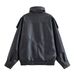 Women's Faux Leather Jacket With Stand Collar, Litchi Grain Texture, Loose Fit, Long Sleeve, Black, Casual & Office Wear_ecoleips.com