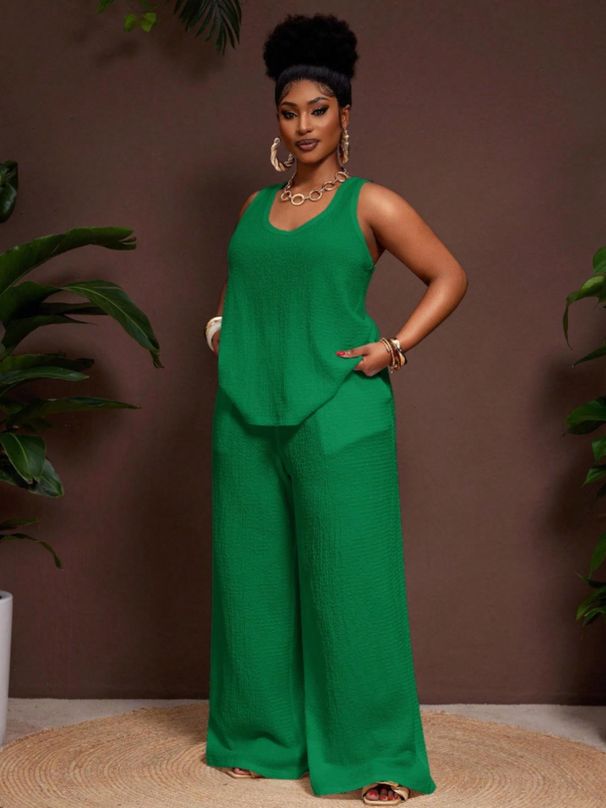 Plus Size Beach Vacation Outfits For Women, White Textured Sleeveless Tank Top And Wide Leg Pants 2 Piece Set_ecoleips.com