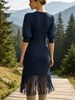 Navy Blue V Neck Chiffon Lantern Sleeve Pit Rib Knit Fringe Mini Dress, Loose Lightweight Breathable Soft Skin-touch Bodycon Midi Dress_ecoleips.com