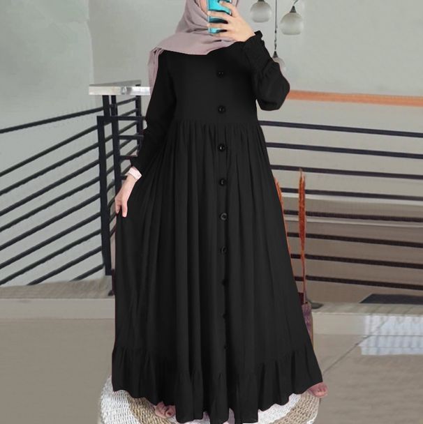 Women's Cotton And Linen Art Retro Casual Loose Large Size Round Neck Ruffle Dress_ecoleips.com