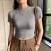 Spring And Summer New Tight Shoulder Small Crew Neck Short-sleeved T-shirt Women Slim Fold Wear High Waist Short Open Button Spice Girl Top_ecoleips.com