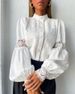 Women's Clothing Elegant Lace Trim Lantern Sleeve Blouse For Office & Casual Wear – Pure Cotton Blend, Breathable & Comfortable, White_ecoleips.com