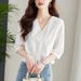 K Embroidered Blank Shirt, Women's Five Quarter Sleeved Short Top, V-neck Shirt_ecoleips.com