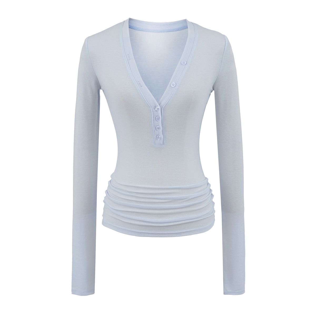 Women's Tencel V-Neck Button-Down Long Sleeve T-Shirt – Korean Style Henley Collar Fitted Top_ecoleips.com