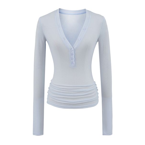 Women's Tencel V-Neck Button-Down Long Sleeve T-Shirt – Korean Style Henley Collar Fitted Top_ecoleips.com