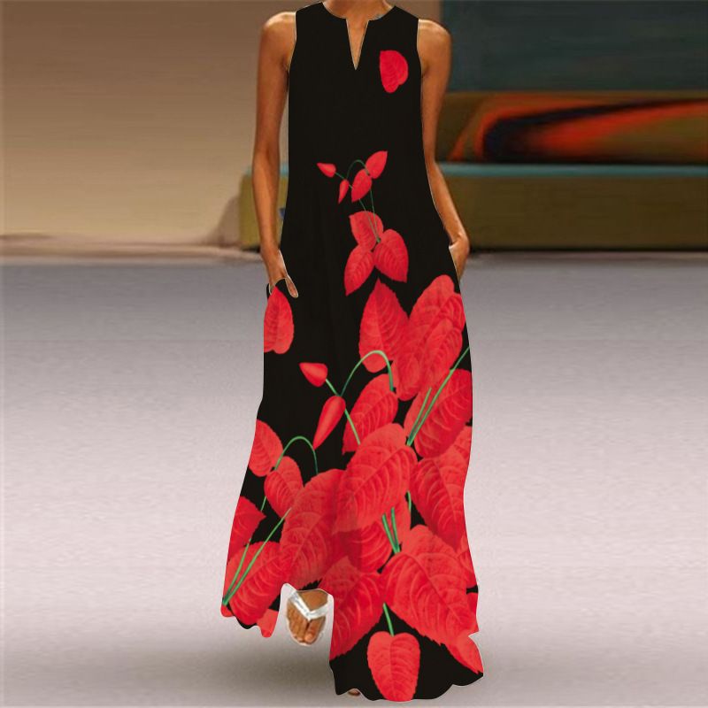 2026 Women Sleeveless Long Dress, V Neck Rose Retro Printed Elegant Dress_ecoleips.com