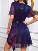 Women's V Neck Belted Sparkling Party Dress, Elegant Design For Party & Casual Vacation, All Seasons Fitted Style_ecoleips.com