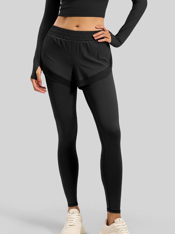 K Wearing Sports, Fitness, Running, Training, Tight Fitting Mesh, Side Pockets, Fake Two-piece Yoga Pants_ecoleips.com