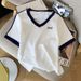 Women's Clothing Summer New Design V Neck Contrast Color Short Sleeved T Shirt Ice Silk Knit Sweater Tops For Women_ecoleips.com