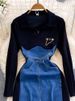 Women's Temperament Long Sleeve V-Neck Slim Denim Patchwork Dress Mid-Calf A-Line Hip Dress For Spring/Autumn Summer_ecoleips.com