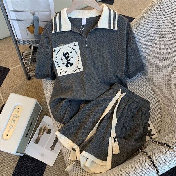 Women's Clothing Small Size, Design, Zipper Lapel, Short Sleeves, Waffle Shorts, Two Piece Suit_ecoleips.com