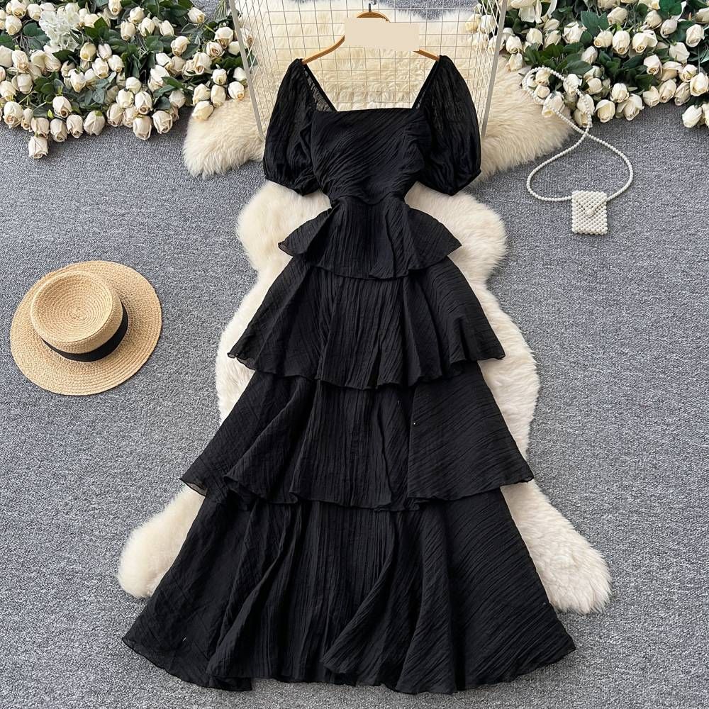 French-Inspired Summer Dress – Square Neck & Puff Sleeves With Tiered Ruffle Hem (Bluish/Black/White/Yellow/Rose Red, One Size)_ecoleips.com