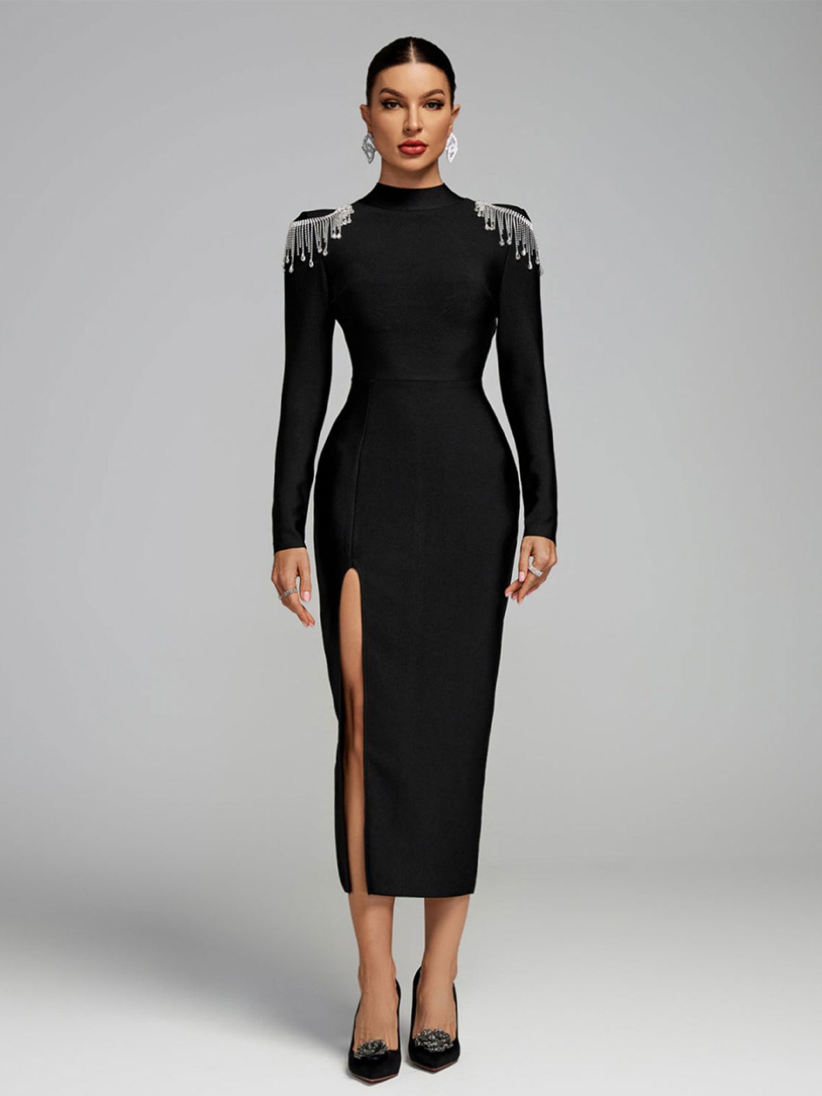 Spring High Neck Slim Fit Dress For Women With Draped Rhinestone Tassels And Sparkling High Slit European And American Style Cocktail Dress_ecoleips.com