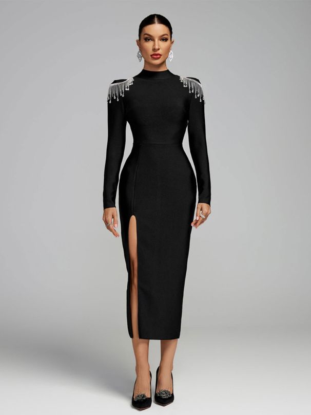 Spring High Neck Slim Fit Dress For Women With Draped Rhinestone Tassels And Sparkling High Slit European And American Style Cocktail Dress_ecoleips.com