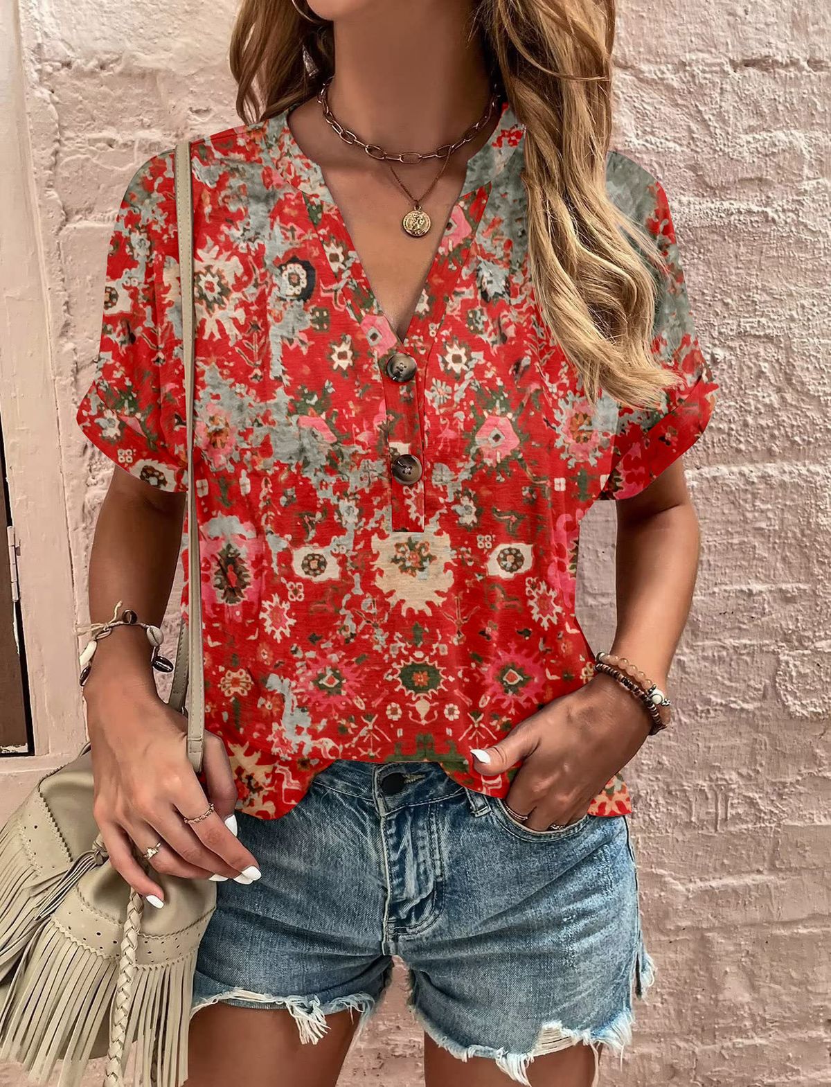 Women's Printed Short Sleeve Shirt With Unique Button Detail, Flowy V-Neck Blouse For Casual Wear Comfortable Relaxed Fit_ecoleips.com