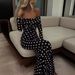 European Summer Sexy Off-Shoulder Bodycon Dress with Sheer Panels Mesh Dot Dress Black Sizes S to XXL Women's Clothing_ecoleips.com