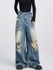 EDX Blue Ripped Jeans For Women, Summer American High Street Retro Floor-length Pants, Loose High-waisted Straight_ecoleips.com