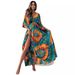 Women's Clothing Long Sleeve Sexy Deep V Multicolor Large Flower Print Slit Dress_ecoleips.com