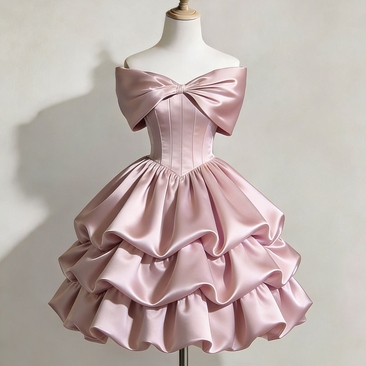 Satin off the Shoulder Gown with Bow Design Elegant Sweet Birthday Tulip Skirt Princess Style Cake Skirt 1071 Evening Party Wear_ecoleips.com