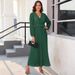 Dress With A Fashionable V-Neckline, Long Sleeves, Pleated Design, And A Flowing Silhouette._ecoleips.com