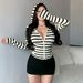 Women's Clothing Slim Fit Women's Knitted Cardigan Classic Black And White Striped Hooded Zipper Long Sleeve Fashionable_ecoleips.com
