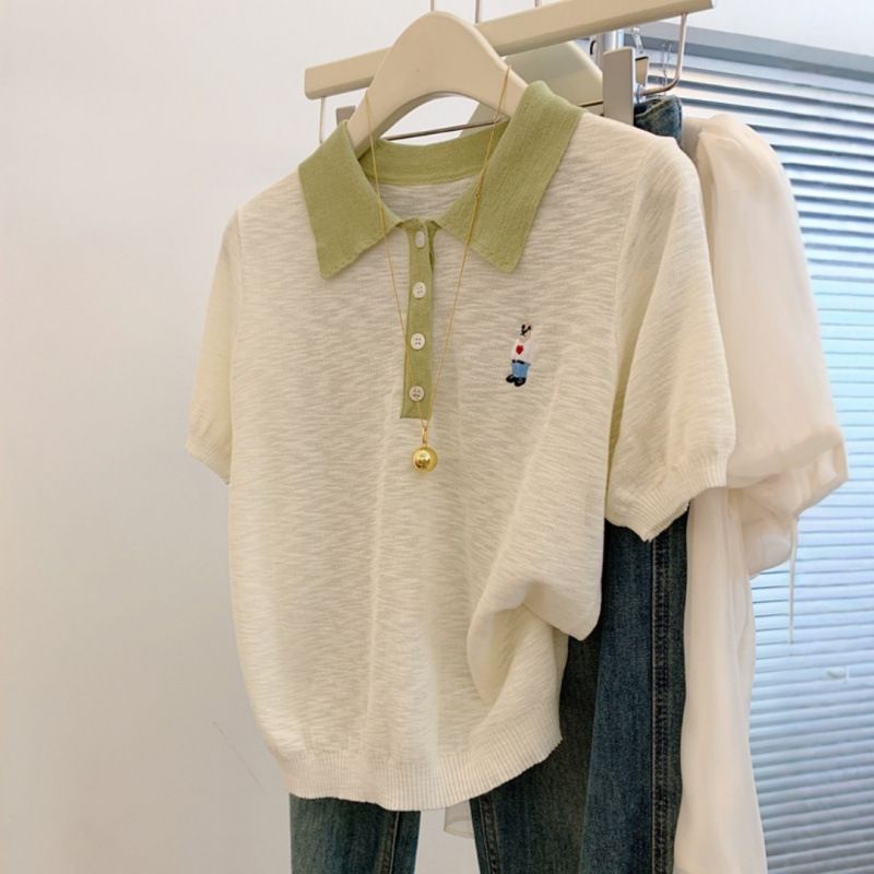 Contrast Color Thin Summer Ice Silk Short Sleeved Straight Shoulder T Shirt Female Loose Slim Top Polo Doll Collar Knitted_ecoleips.com