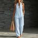 Women's Clothing Halter Neck Sleeveless Striped Pant Set Casual V Neck Fashion For Spring/Summer Thin Polyester Suit_ecoleips.com