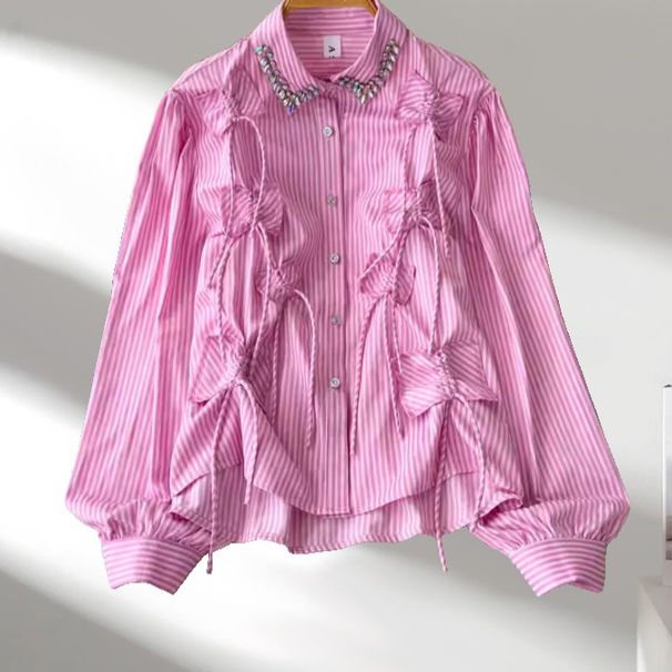 Women's Clothing Drawstring Pleated Tassel Design Lapel Single Breasted Long Sleeved Shirt For Women Loose Versatile Stylish Age Reducing Top Trend_ecoleips.com