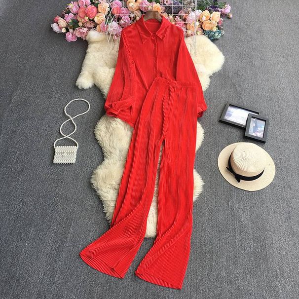 Embroidered Blouse & High-Waisted Wide Leg Pants Set – Casual Elegance For Autumn (Blush/Pink/White/Black/Red, One Size Fits Most)_ecoleips.com