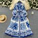 Elegant Retro Fashion Print Dress for Women Stand Collar Single Breasted with Tie Waist Full Skirt European And American Style_ecoleips.com