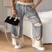 2027 Spring Summer Fashion Hip-Hop Jeans Women Cotton Elastic Waist Lace-Up Broken Hole Straight Type Denim Pants XS-5XL_ecoleips.com