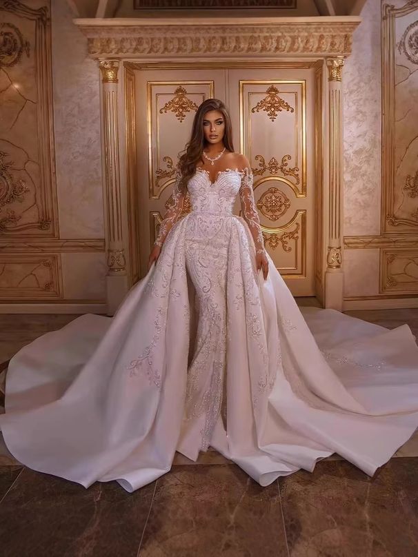 Wedding Dresses For Brides Style Detachable Mermaid Lace Gowns Women's Party Wear_ecoleips.com