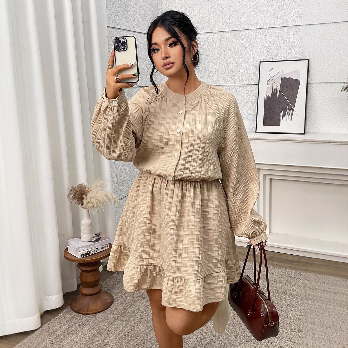 Women's Clothing Plus Size Clothes "French Retro Jacquard Dress – Women's A-Line Puff Sleeve Dress With Fitted Waist, Autumn & Winter Elegance"_ecoleips.com