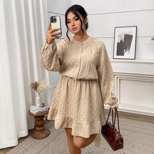 Women's Clothing Plus Size Clothes "French Retro Jacquard Dress – Women's A-Line Puff Sleeve Dress With Fitted Waist, Autumn & Winter Elegance"_ecoleips.com