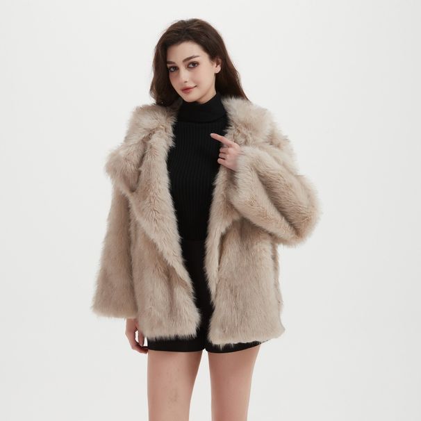 Luxury Faux Fox Fur Coat – Women’s Mid-Length Winter Jacket With Pockets (S-XXXL, Khaki & More)_ecoleips.com