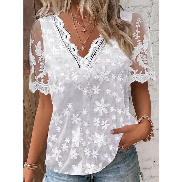 Women's Clothing Embroidered Lace V Neck Lace Short Sleeved Pullover Shirt_ecoleips.com
