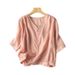 Spring And Summer Artistic Retro Cotton And Linen V-Neck T-Shirt, Half-Sleeve Loose, Comfortable, Plus-Size, Slimming, F_ecoleips.com