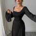Elegant Square Neck Long Sleeve Midi Dress Vintage Inspired Solid Color Ruffle Cuff Bell Sleeve for Women_ecoleips.com